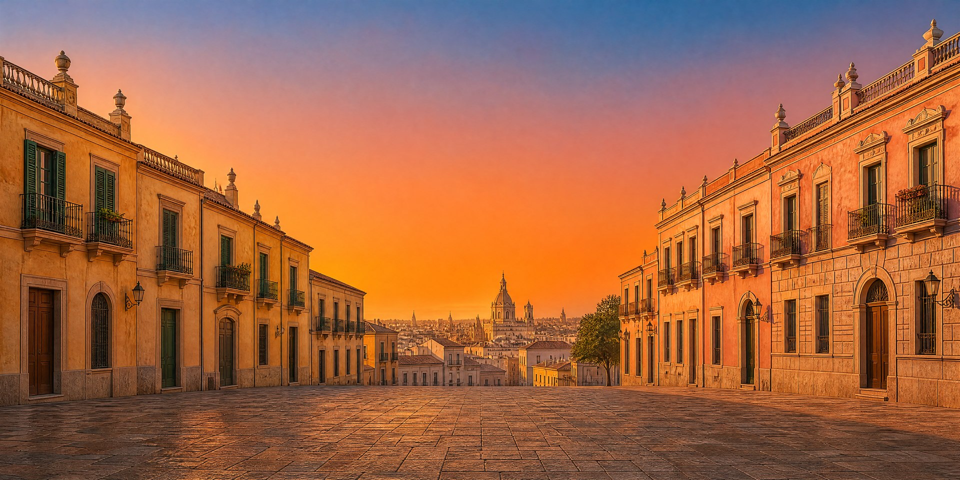 Esempio di fondale generato: architetture di una piazza nella luce del tramonto