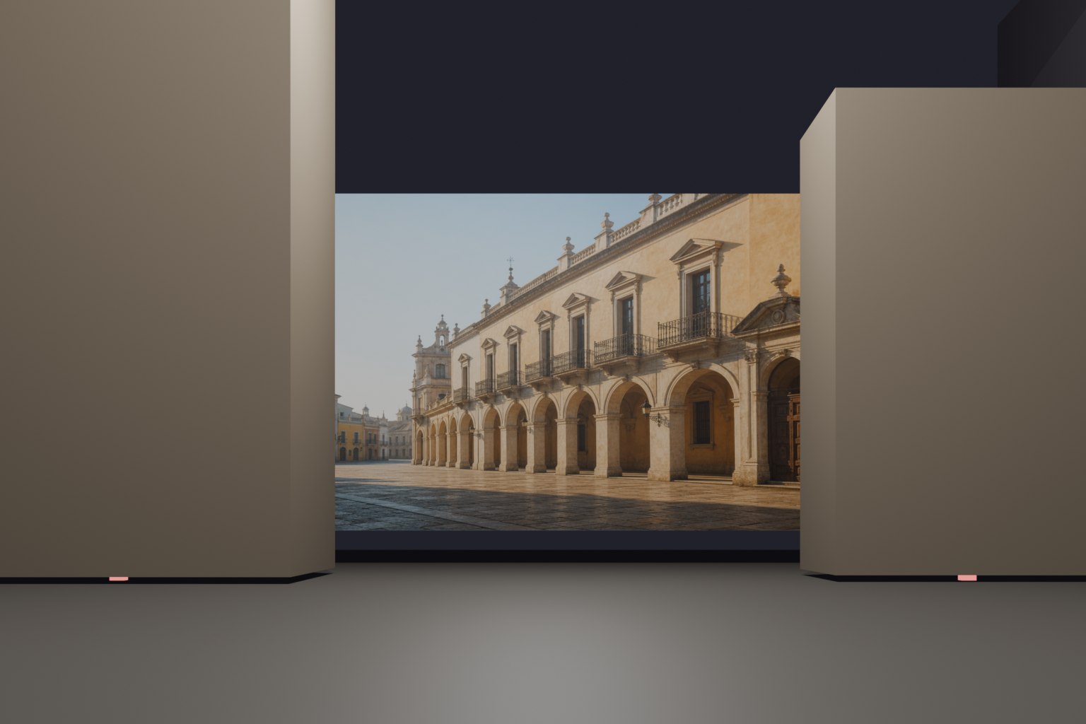 Esempio di render dalla platea: elementi fisici ai lati e fondale retroproiettato al centro